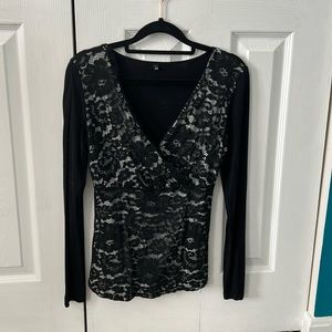 Long Sleeve Black Lace V Neck Top